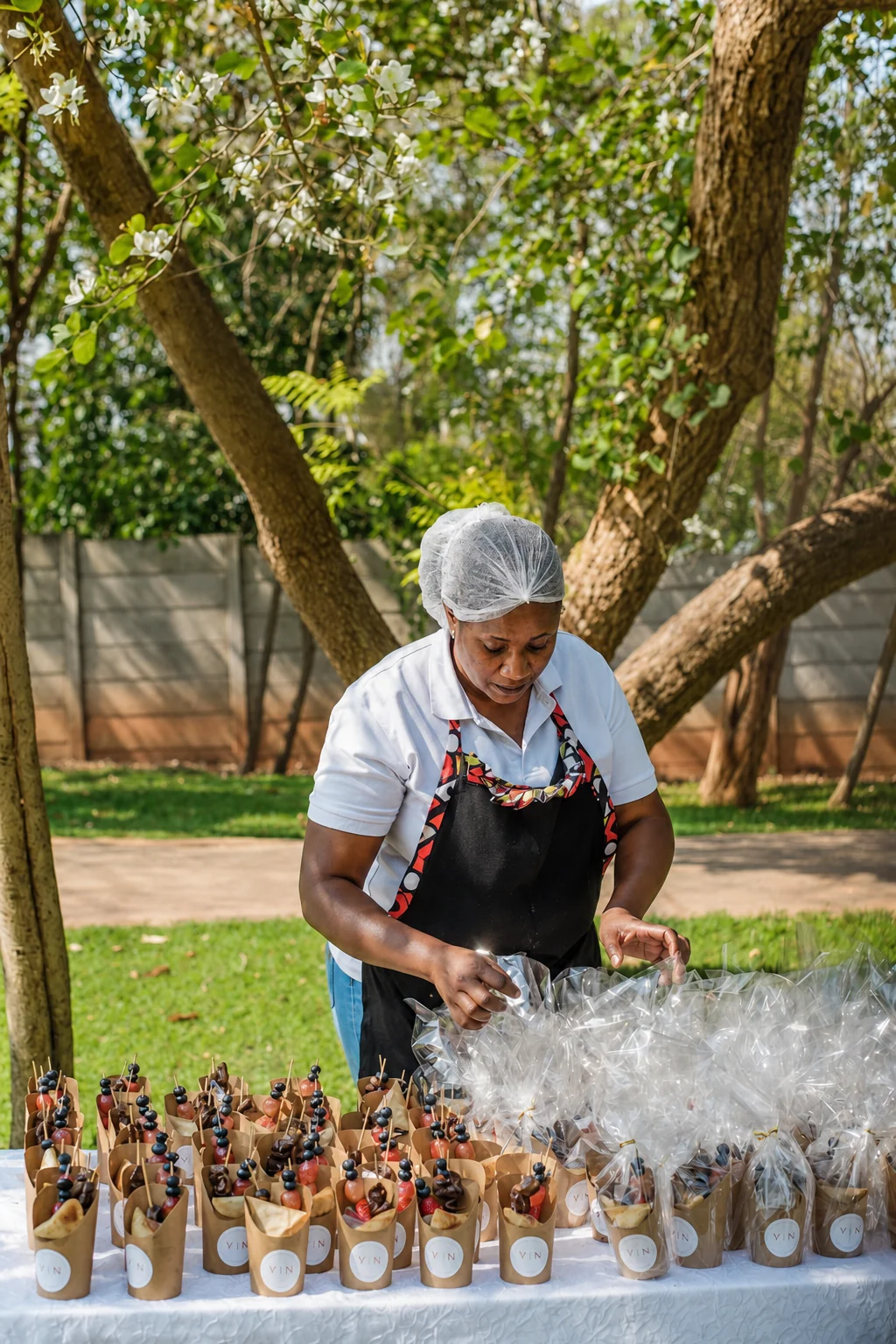 Rue's Manor Eats team member preparing individual fruit cups in a garden